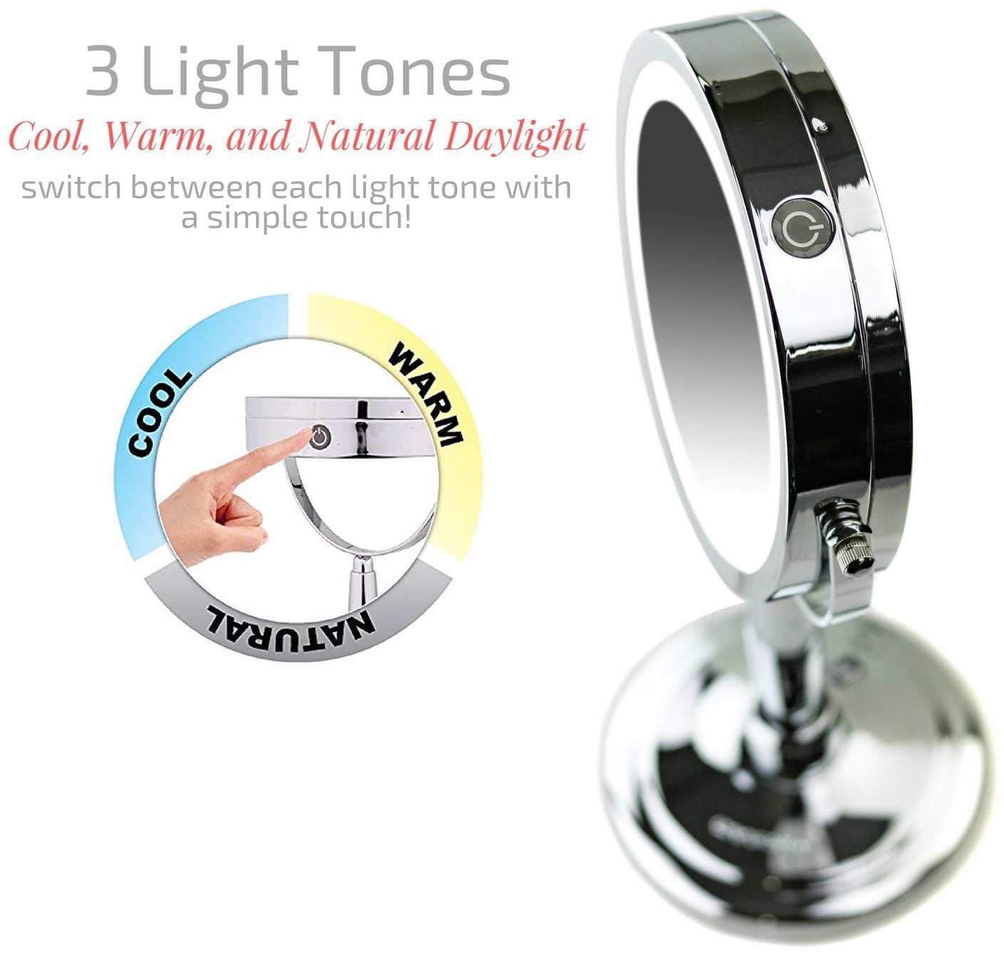 OVENTE 7'' Lighted Makeup Mirror with 1X/8X Magnification, Cordless Multi-Functional Round Vanity Mirror with 360° Swivel Design, Double Sided and Three Toned LED Lights, Polished Chrome MFM70CH1X8X