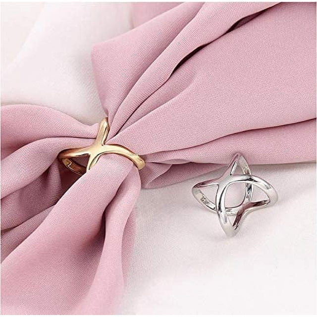 Nvzi Hebilla de bufanda de tres anillos con forma de cruz hueca, hebilla de bufanda, chal, botones de camisa, botones de vestido, 4 piezas (2 plateados + 2 dorados)