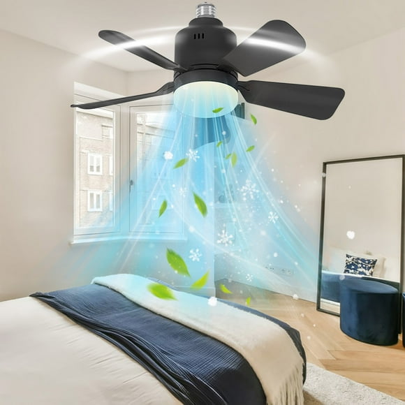 Ventilador de techo pequeño con enchufe y control remoto, 3 colores, 3000K-6500K, bombilla LED regulable, ventilador para base E26/E27, con extensor de enchufe, ventilador de techo pequeño