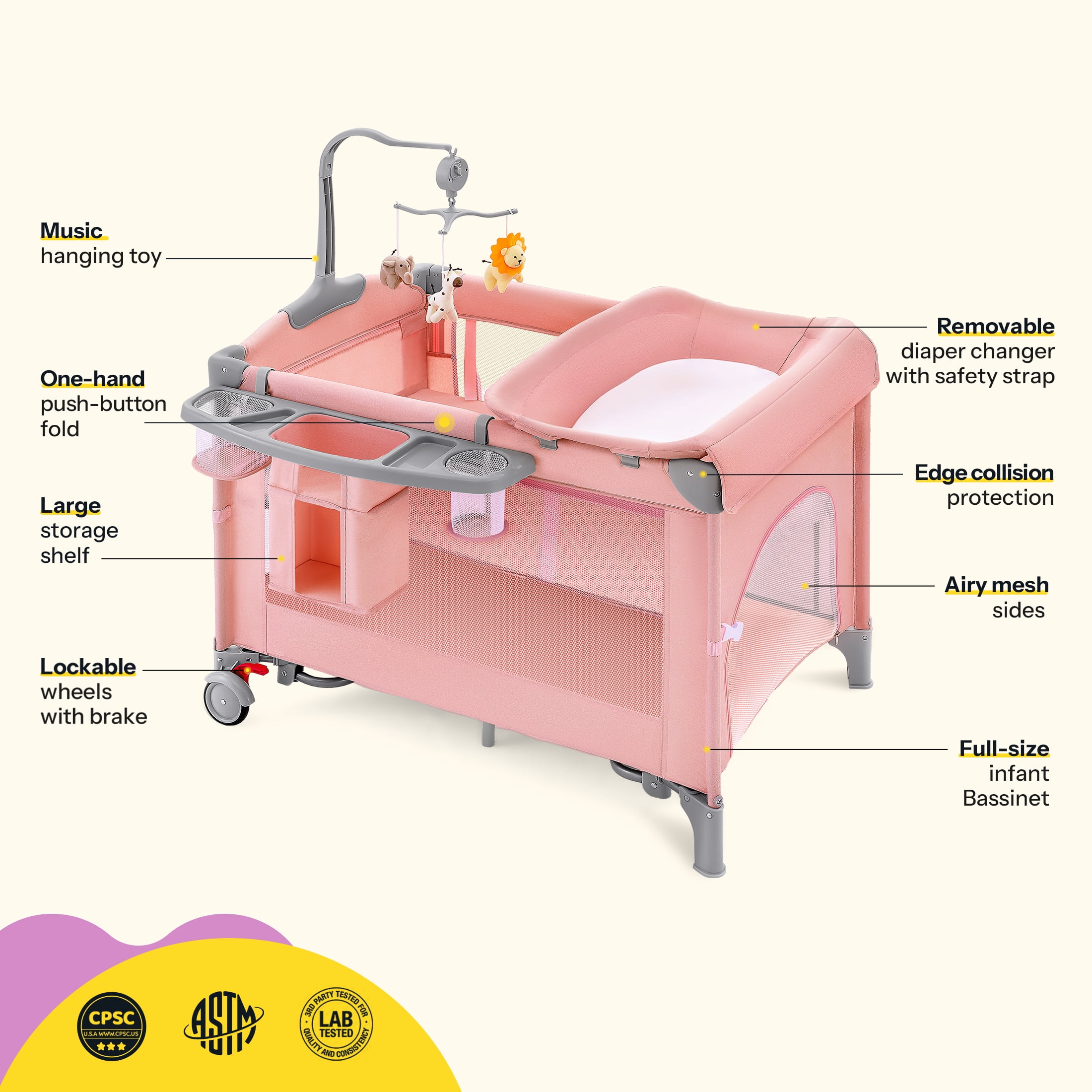 HARPPA 5 in 1 Baby Playard with Bassinet & Changing Table for Newborn, Pink