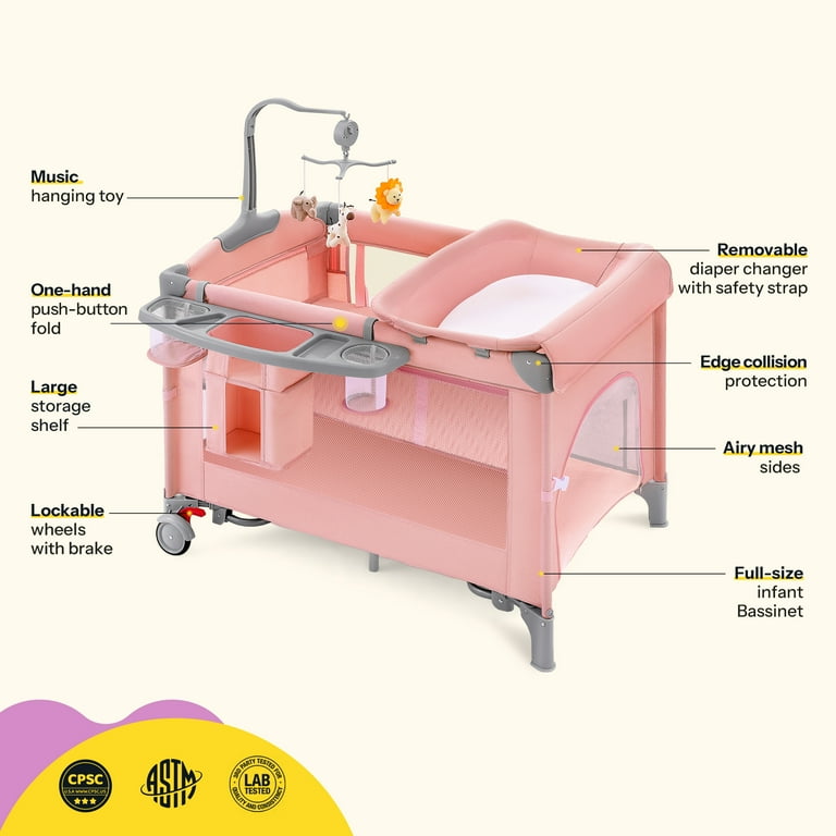 HARPPA 5 in 1 Portable Playard and Bassinet for Girl from Newborn to Toddler, Easy Folding, Pink