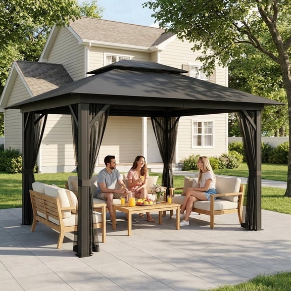 11x11FT Pop up Canopy, Lofka Patio Pergolas and Gazebos with Mosquito Net, UPF 50 Sun & Rain Protection for Backyard|Outdoor,Black