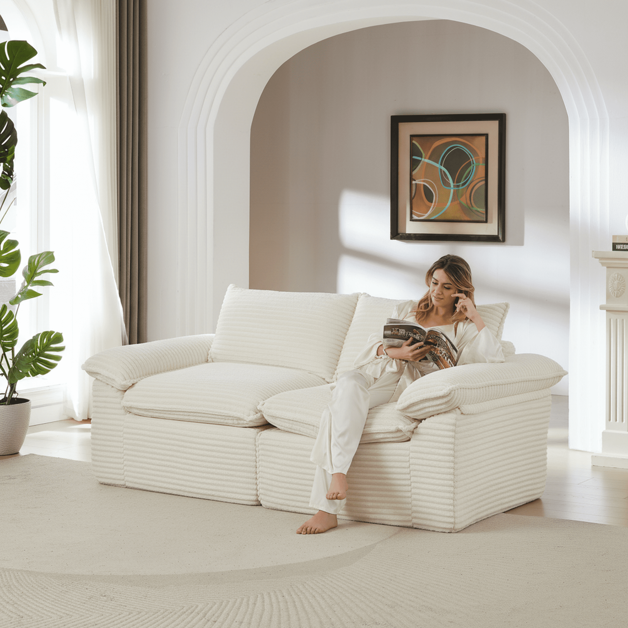 Modern White Corduroy Cloud Sectional Sofa, Modular Design for Flexible Configuration, High-Density Foam and Spring Fill for Ultimate Comfort
