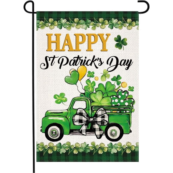 St Patricks Day Shamrocks Truck Garden Flag 12x18 Inch Double Sided, Burlap Lawn Buffalo Plaid Yard Flag for Outside Decoration