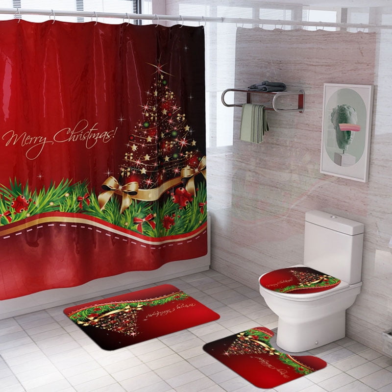 Christmas Bath Shower Curtain Santa Claus Bathroom Mat Lid Toilet Cover Rugs Set 
