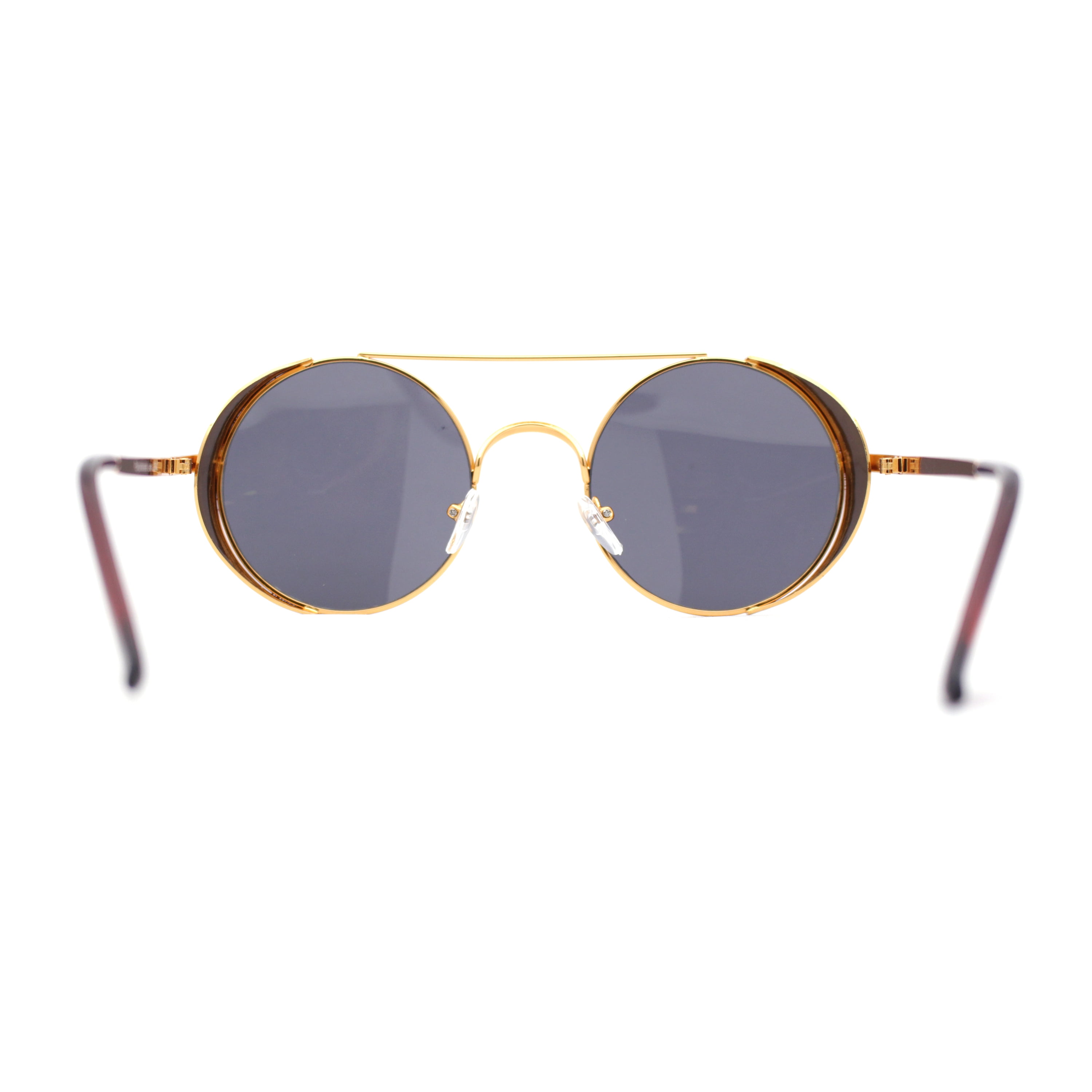 Lens - Black Cafe Round Sunglasses Retro Bridge Double Windbreaker Side Racer Gold Circle Yellow