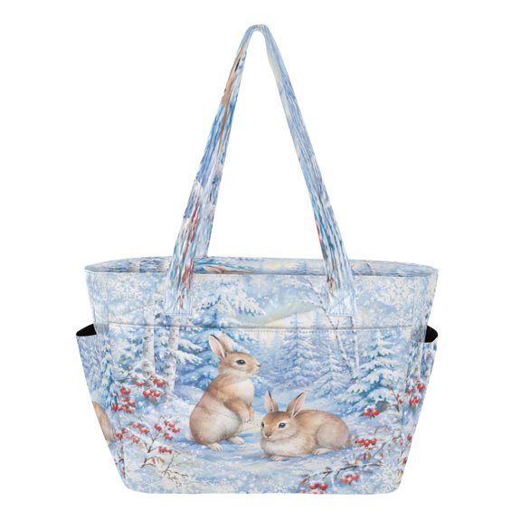 Quilted Tote Bag Large Capacity Multi-Compartment Handbag Winter Bunnies Snow Scene Lightweight Structured Shoulder Bag Versatile Casual Bag
