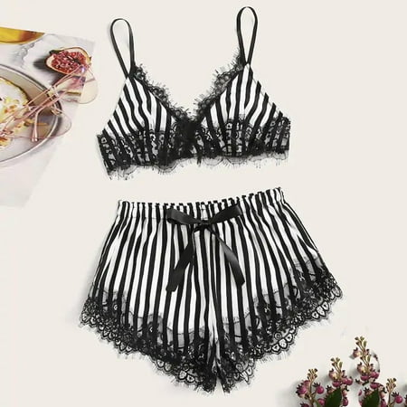 

UDAXB Lingerie New Women Lace Satin Wireless Bra Camisole Pajamas Sleepwear Bowknot Shorts Set