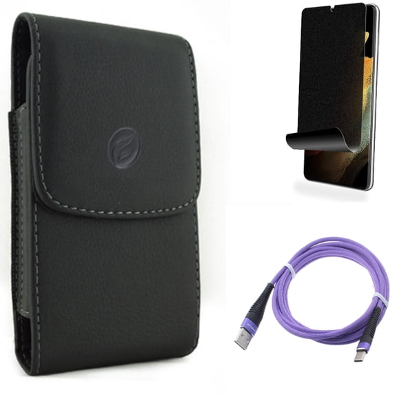 Privacy Screen Protector & 6ft USB Cable & Case Belt Clip for Samsung Galaxy S21 Ultra Phone - TPU Film Fingerprint Works & Purple Type-C & Leather Holster Accessory Bundle
