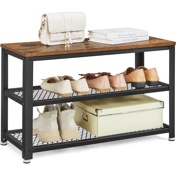 Banco Zapatero, Banco para Zapatos, Organizador con 2 Estantes, 100 x 30 x 45 cm, Estilo Industrial, Marrón Rústico y Negro MLBS78B01