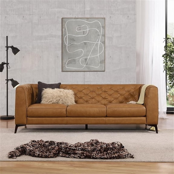 Omax Decor Havana 90" Mid Century Modern Tufted Genuine Leather Sofa in Tan