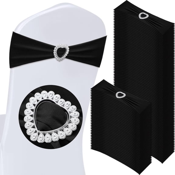 100 Pcs Spandex Chair Sashes with Heart Shaped Buckle Slider Stretch Chair Cover Band Universal Elastic Ties for Wedding Banquet Event Party Decoration(Black)