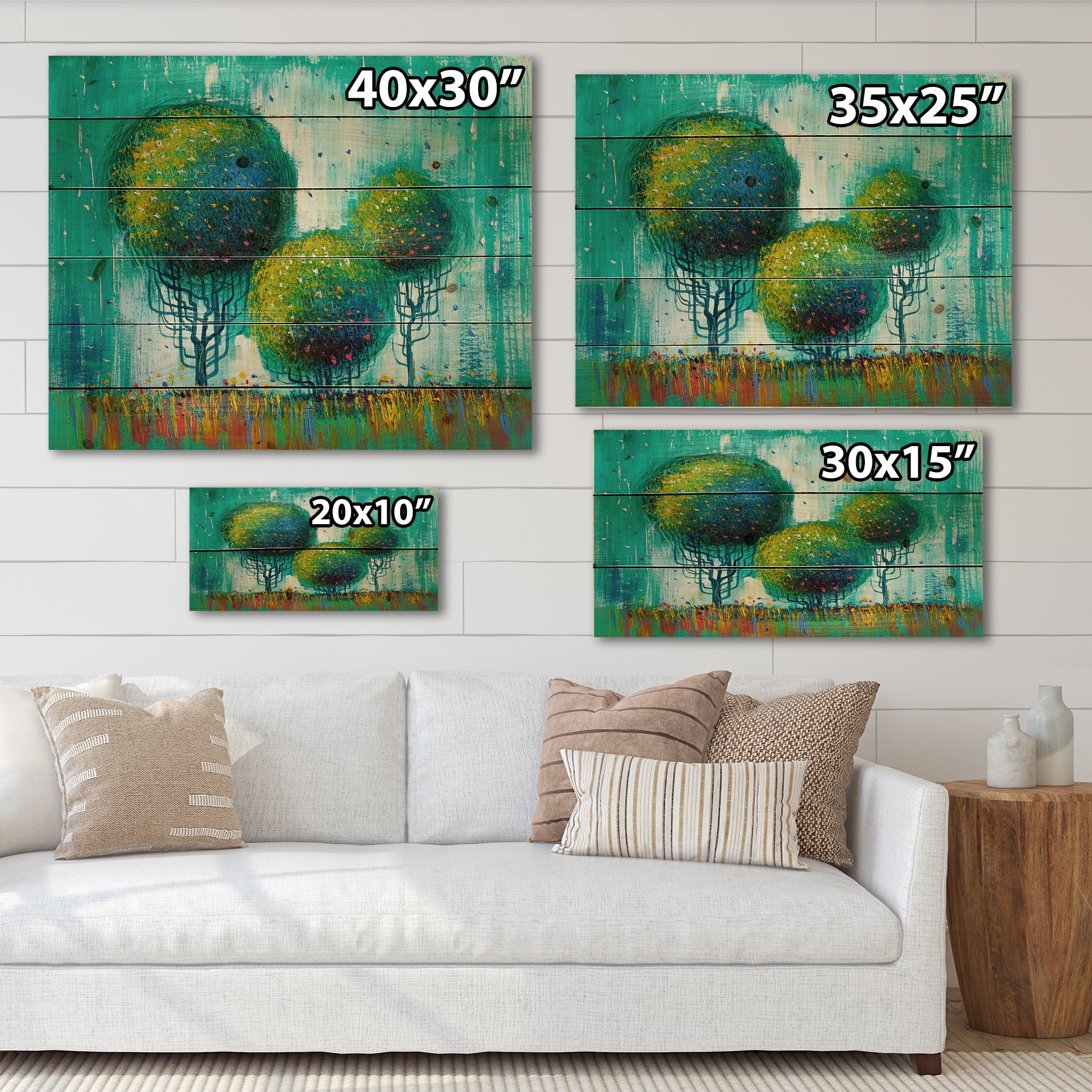 Designart 'Colourful Landscape Trees Impressionist II' Modern Print on Natural Pine Wood
