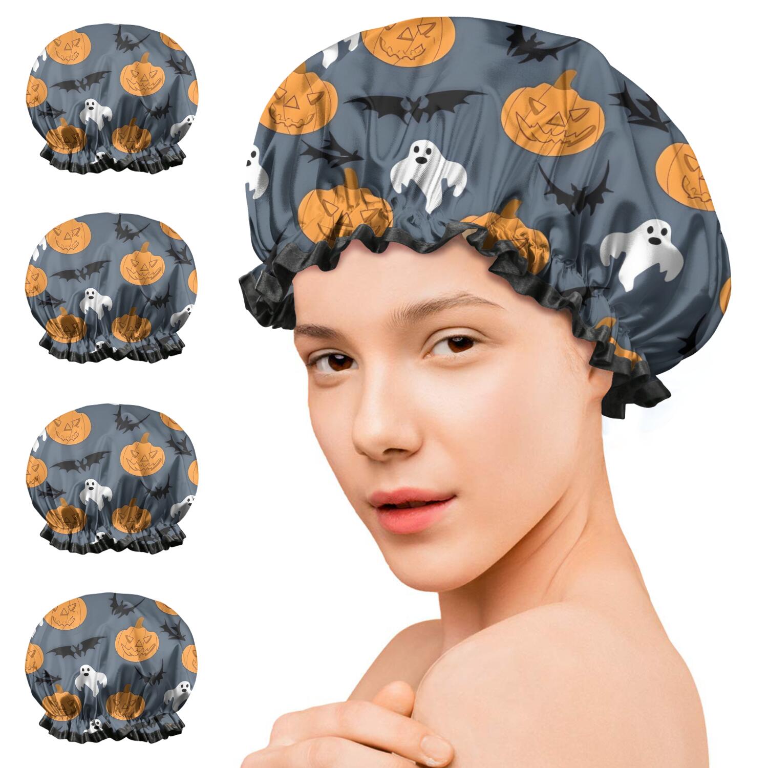 Shower Caps,Pumpkin Ghost Bat Halloween Pattern Waterproof Shower Cap for Women 4 Pieces,Double Reusable Hair Cover for Shower PEVA Elastic Stretch Hem