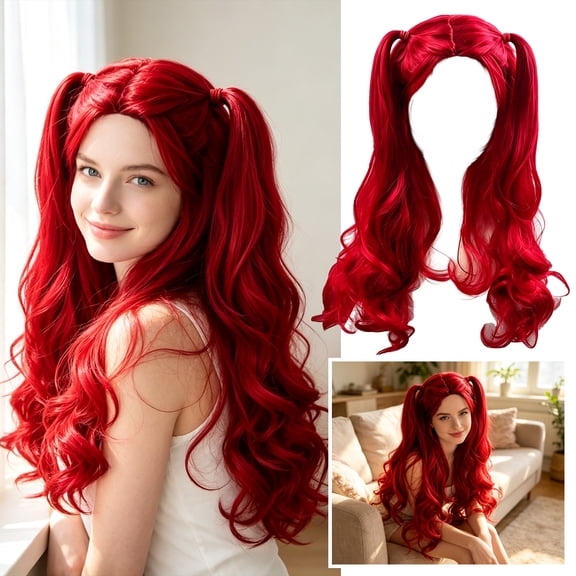 Long Wavy Red Cosplay Wig Vibrant Wonderland Red Wig for Halloween Party Character Dress up Role Play Anime Style Costume Accessory