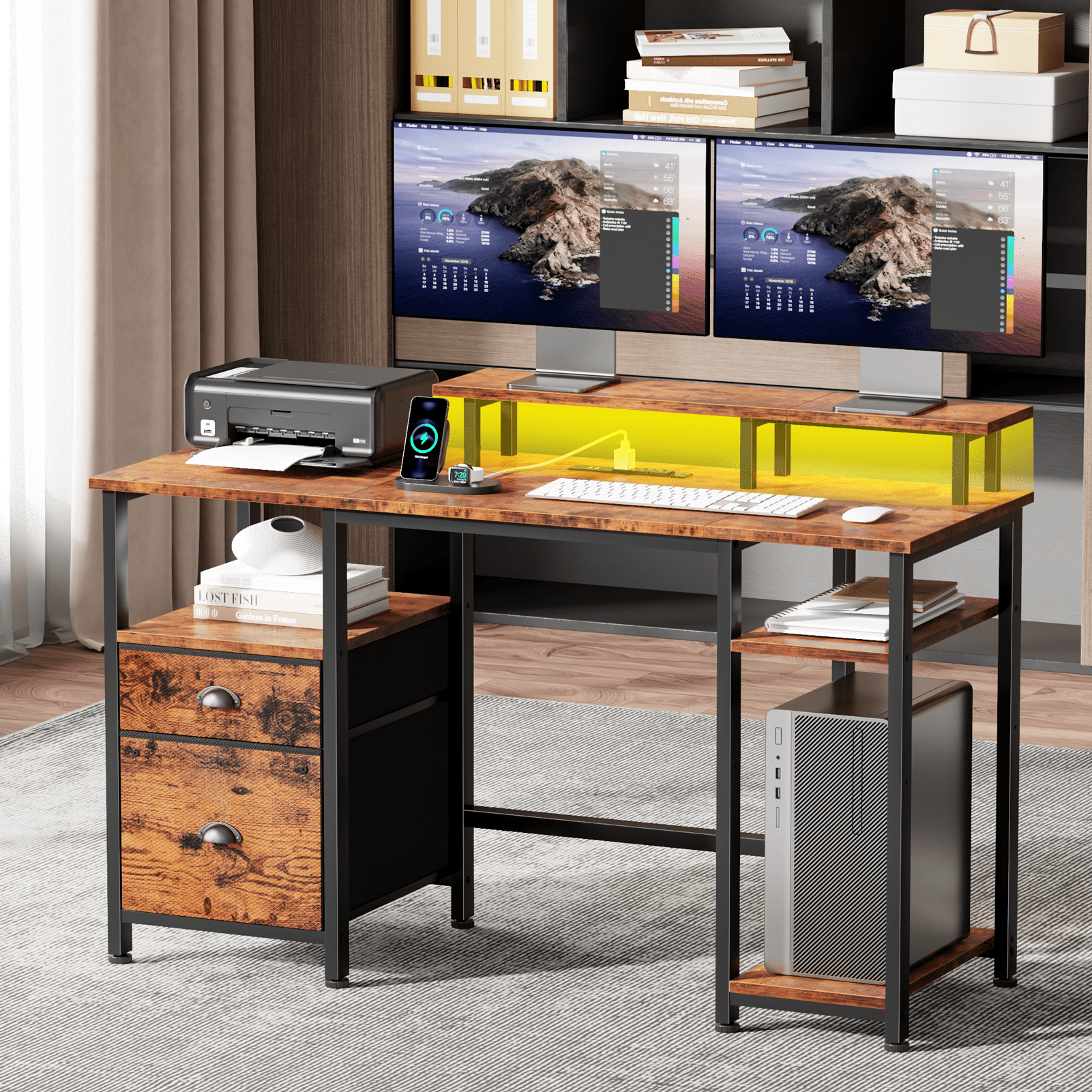 Satifur 51" Reversible 2-Tier Computer Desk with Power Outlet, LED Lights, File Cabinet & Storage Shelves,Rustic Brown