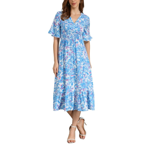 Vestido Floral INSPIRE CHIC para Mujer, vestido midi de manga corta con volantes en azul y blanco