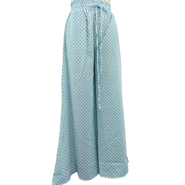 Pantalones Anchos de Pierna para Mujer, Pantalones Palazzo Florales Fluidos para Mujer, Pantalones Casuales de Verano de Cintura Alta. Estampado Azul S