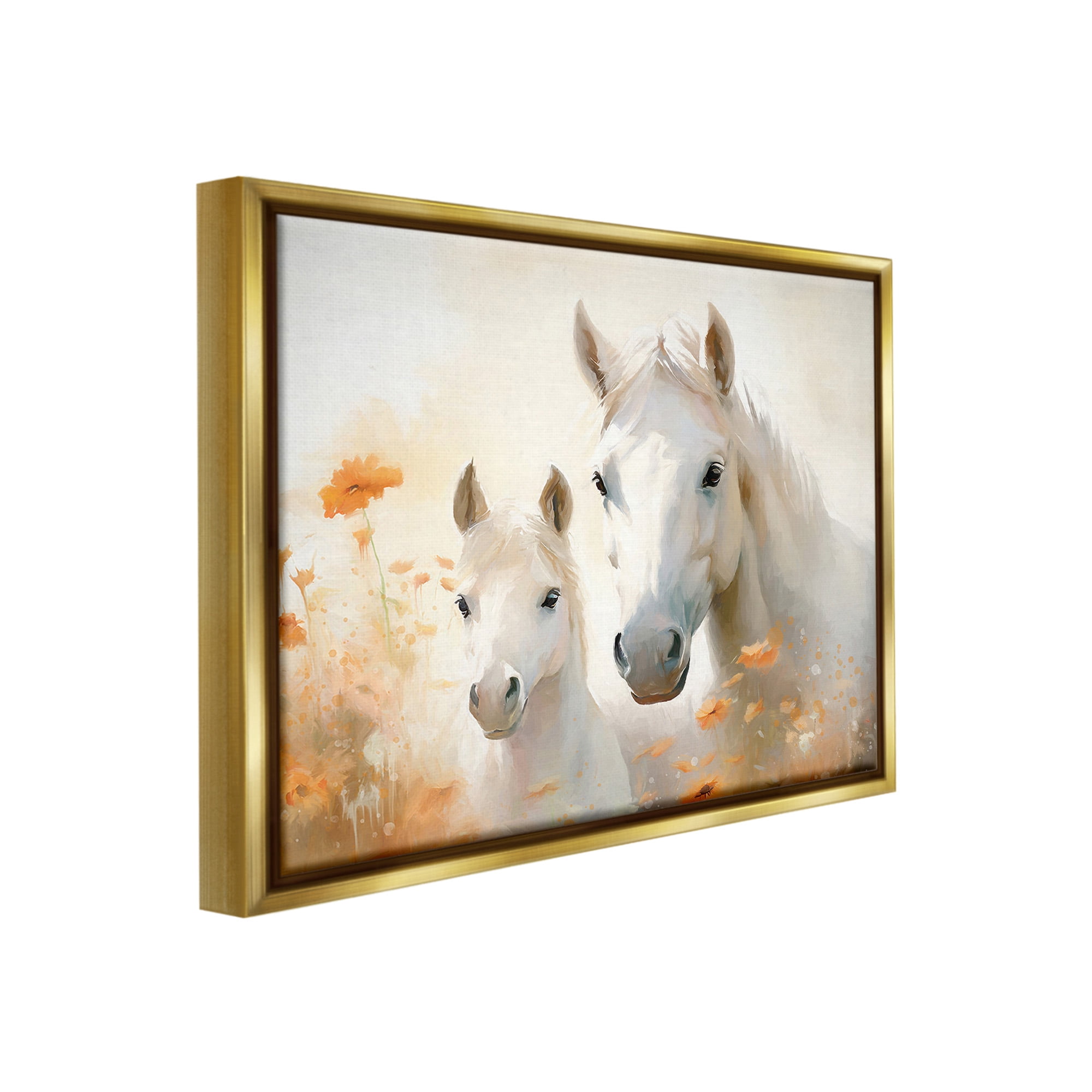 Stupell Industries Horse & Foal with Flowers Animals & Insects Painting Gold Floater Framed Canvas Art Print Wall Art, 21 x 17