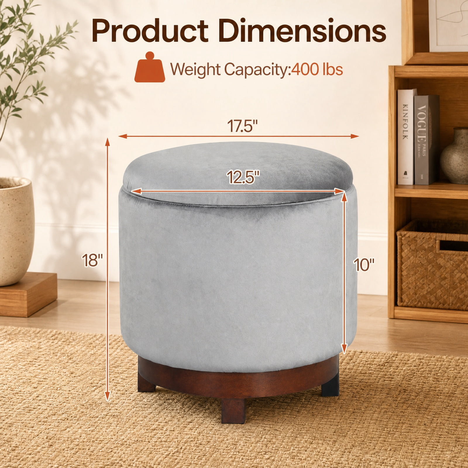 Furnibear 360 Degree Swivel Velvet Foot Rest Storage Ottoman with Hidden Compartment and Solid Acacia Wood Frame for Living Room and Bedroom, Gray