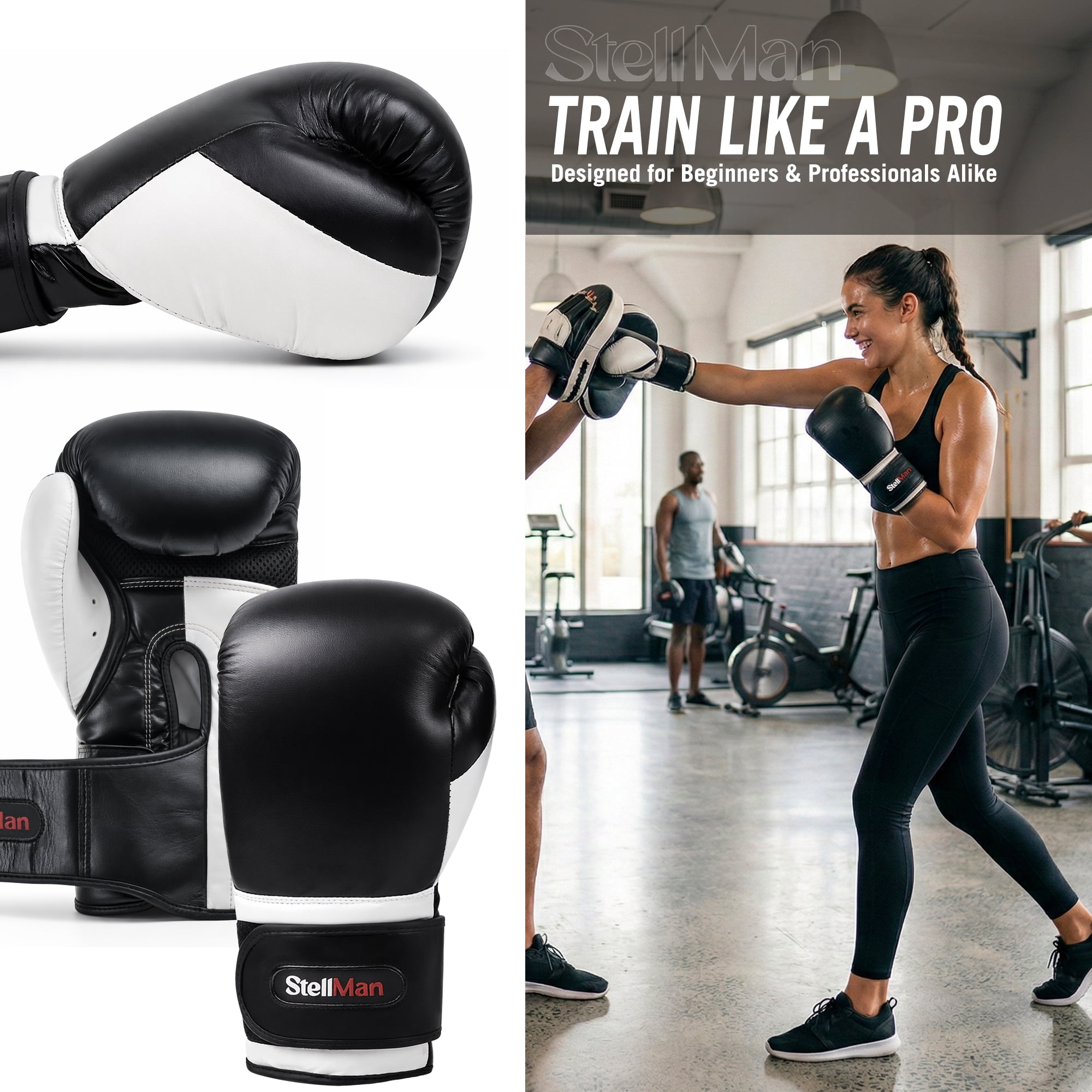 StellMan Boxing Gloves Muay Thai MMA Kickboxing Pro Training Sparring Adult Men Women OZ 8 10 12 14 16 Fit Hook and Loop Closure Ventilation Wrist (10 OZ)