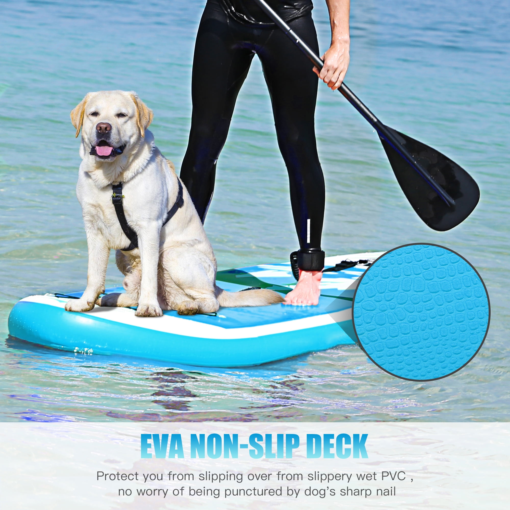 Famistar Inflatable SUP Paddle Board, 144"Lx32"Wx6"THK, w/ 3 Removable Fins, Adjustable Paddle, Pump with PSI Gauge, Carrying Backpack & Repair Kit
