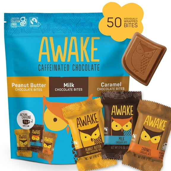 AWAKE Caffeinated Chocolate: Peanut Butter, Milk & Caramel Variety Pack - 50 Bites (50mg of Caffeine/Serving, Keto, Gluten-Free, Non-GMO)