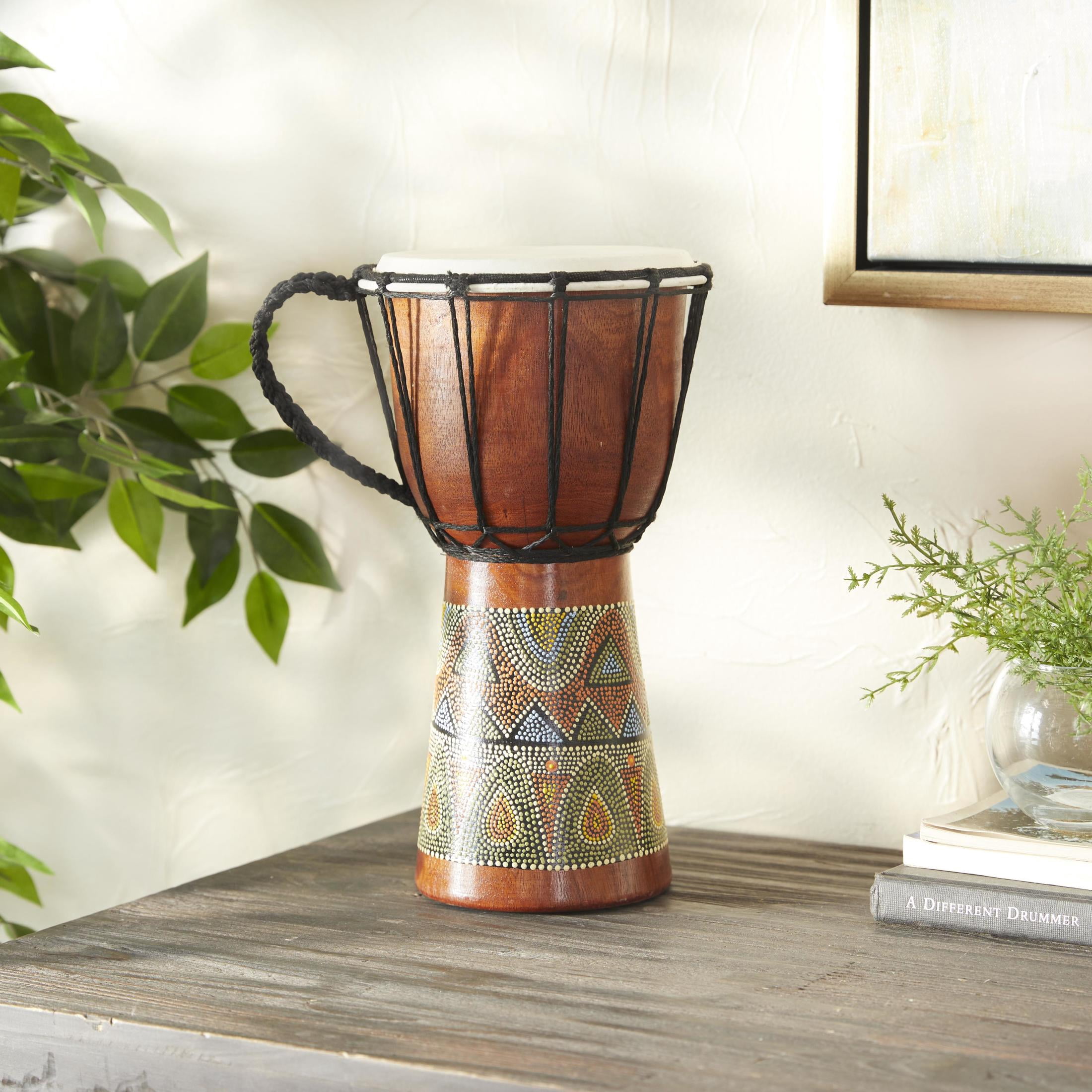 7" x 12" Brown Wood Handmade Djembe Drum Sculpture with Rope Accents, by DecMode