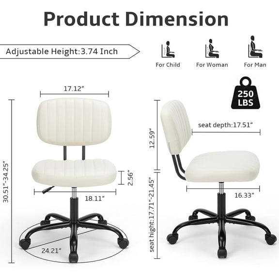 Ergonomic Armless Office Chair with Lumbar Support, Height Adjustable PU Leather Task Chair, 360° Swivel for Small Space, Kids & Adults, Beige White