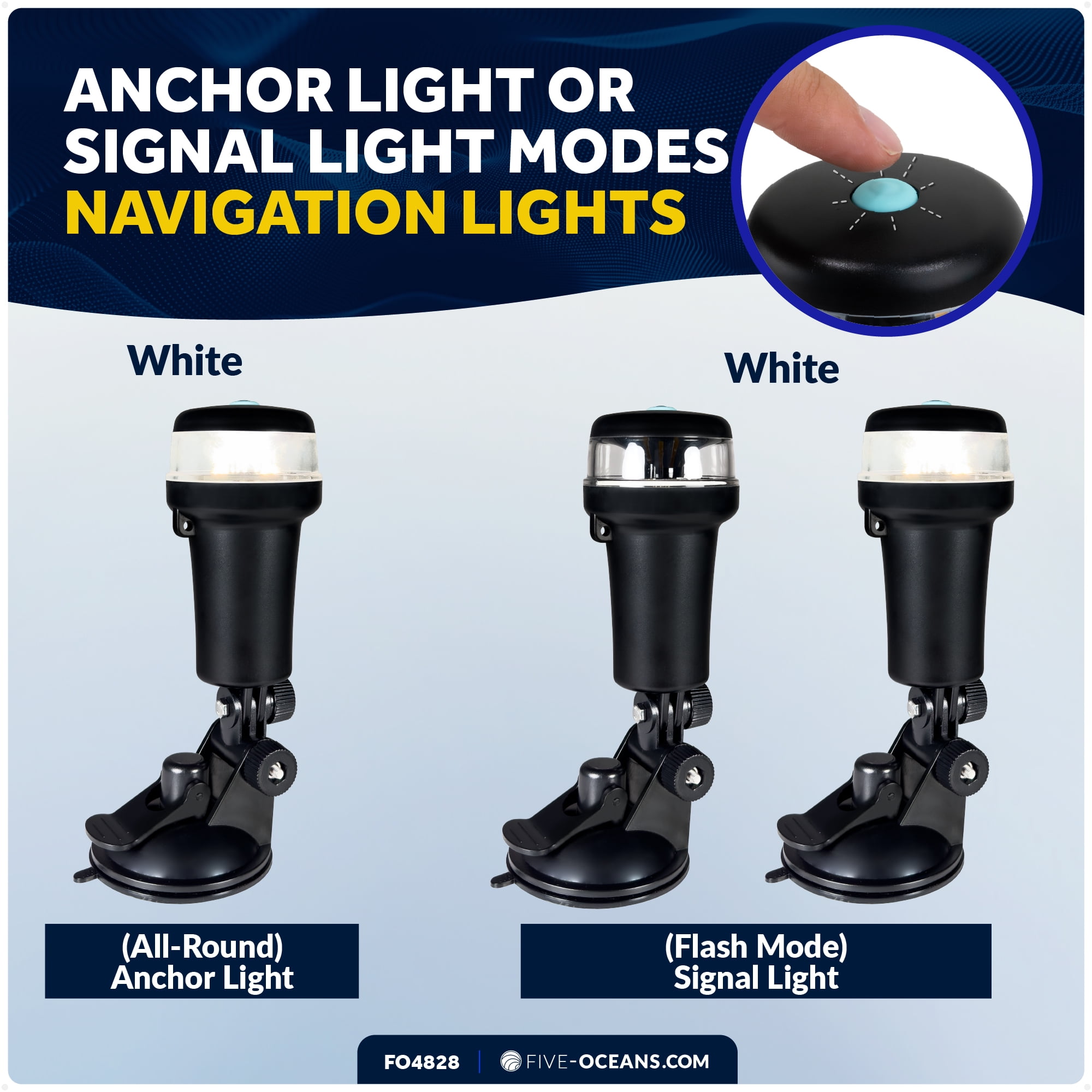 Five Oceans LED Portable All-Round Boat Navigation Light, 180-Degree Tilt Suction Base, 2 NM Visibility, IP67 Waterproof, Battery-Operated Anchor Light for Small Boats, Kayaks, Inflatables - FO4828