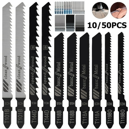 

MTFun 10/50pcs Jig Saw Blade Set Carbon Steel Assorted Saw Blades with T-shank Fast Cut Down Jigsaw Blade Wood Thin Metal Cutting Tool