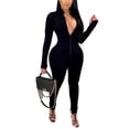 thumbnail image 3 of Women Solid Color One Piece Jumpsuit, Zipper Front Long Sleeve Fitness Rompers Playsuits, 3 of 6
