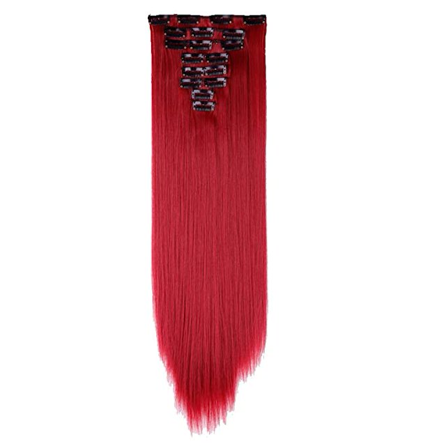 Femmes 18 Pinces 8 Pcs Extensions de Cheveux Pleine Tête 23 Pouces de Long Rouge Foncé Postiche Lisse