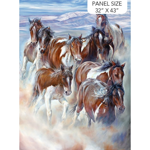 32" X 43" Panel Wild and Free Running Horses Plains Blue Cotton Fabric D467.89