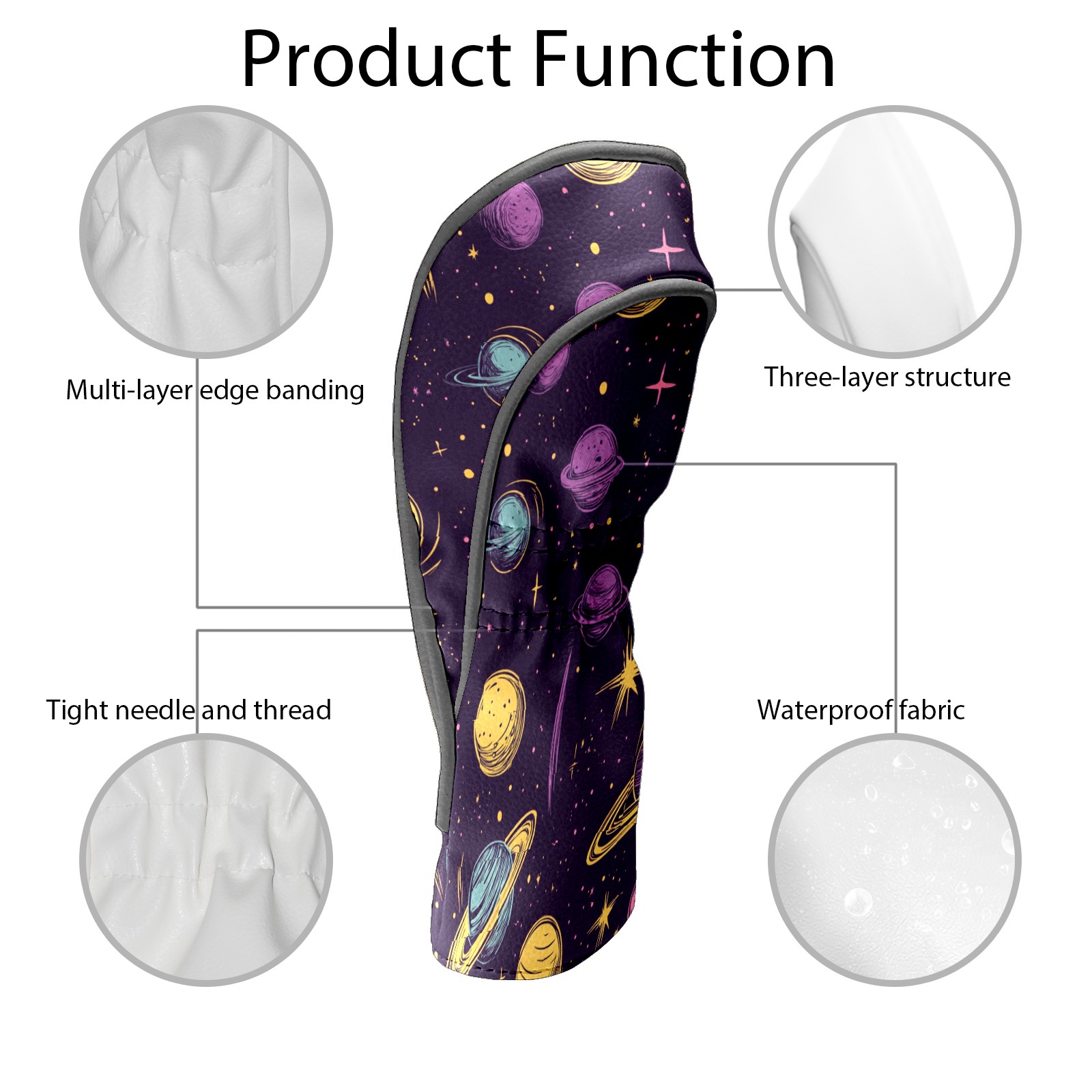 Golf Club Covers PU Leather Waterproof Head Covers for Fairway Woods Hybrids Cartoon Planet Pattern