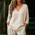 thumbnail image 2 of QQZ Womens 3/4 Sleeve Shirts V Neck Checkered Pattern Roll Up Sleeve Tops Cotton Casual Summer Blouses Shirts, 2 of 8