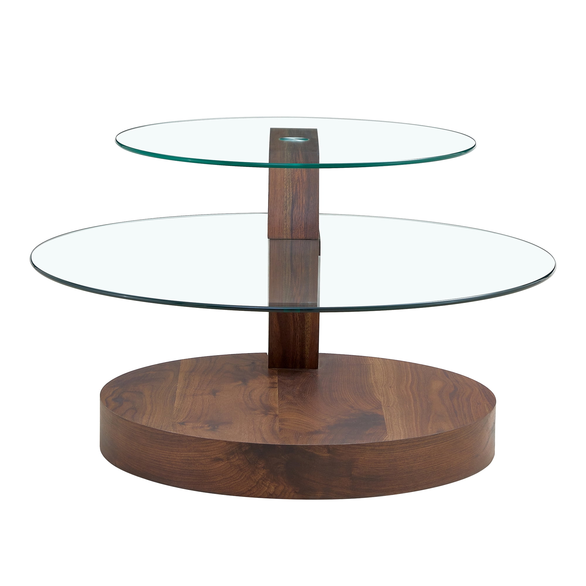 Vanress 42" Glass Coffee Table, Round Coffee Table, Modern Double Layer Round Glass Coffee Table for Living Room, Walnut