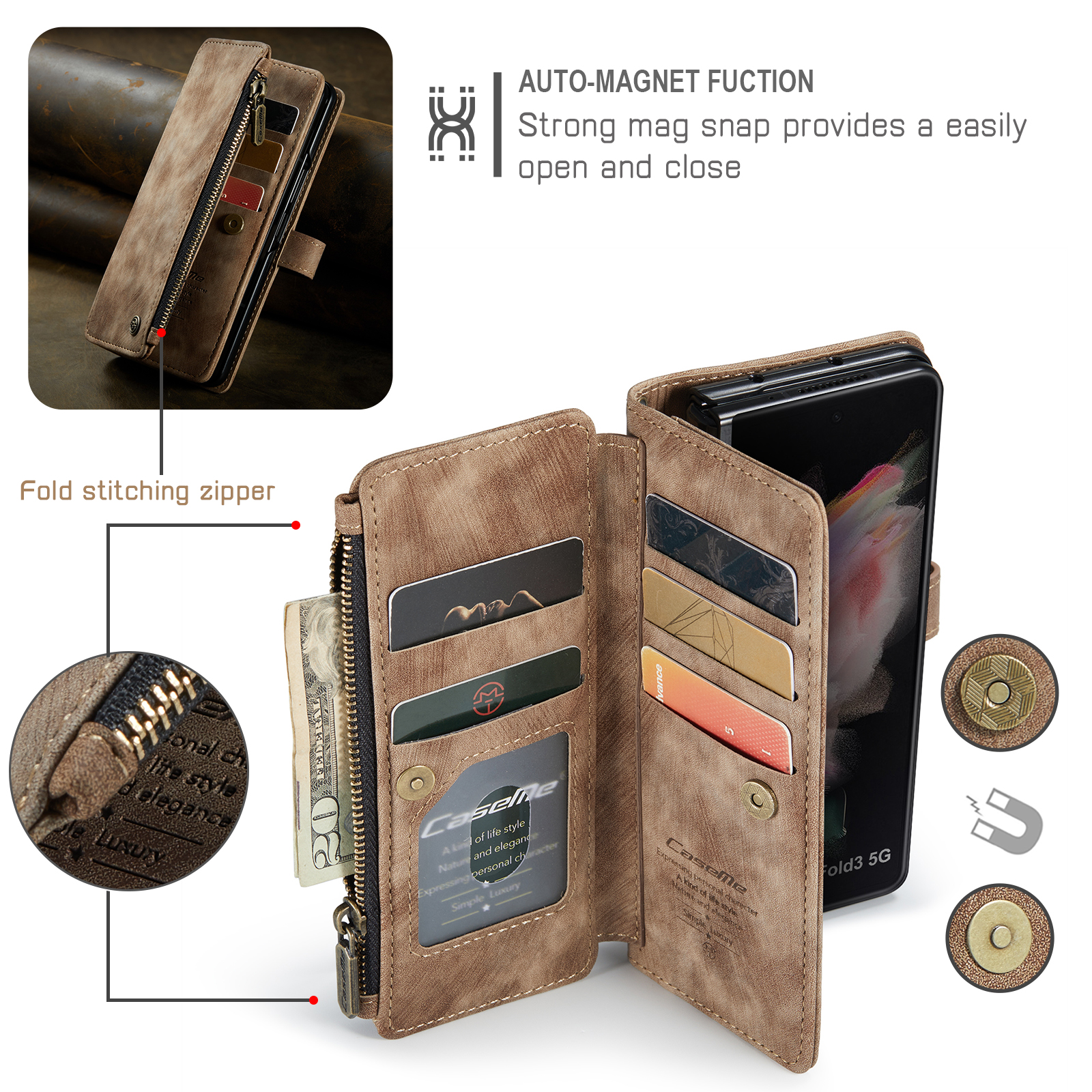 Dteck Galaxy Z Fold 3 Case, Dteck Heavy Duty Durable PU Leather Magnetic Wallet Flip Lanyard Strap Wristlet Zipper Card Holder Phone Case for Samsung Galaxy Z Fold 3 5G, Brown