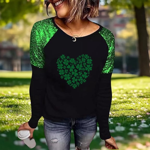 Zedker St. Patrick's Day T-Shirt Womens Funny Shamrock Printed Sequined Splicing Sleeve Casual Lucky Clover Heart Graphic Tee Tops