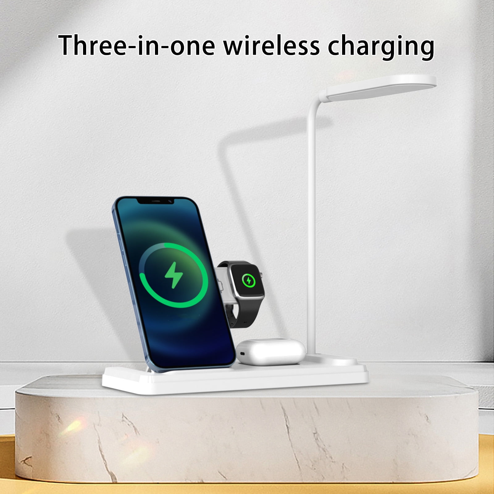 4-in-1 Wireless Charger Desk Lamp with 15W Fast Charging for Mobile Phone, Watch & Headset, Foldable Night Light, Type-C Interface, Eye Protection, Adjustable Brightness, Black White