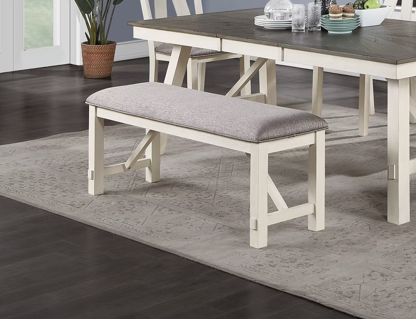 Solid Wood Long Dining Bench with Fabric Cushion Seat, Dining Room