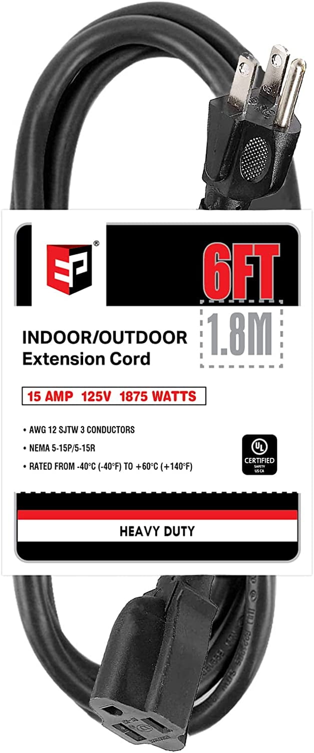 EP 6 Ft 12/3 SJTW Black Outdoor/Indoor Extension Cord, Durable