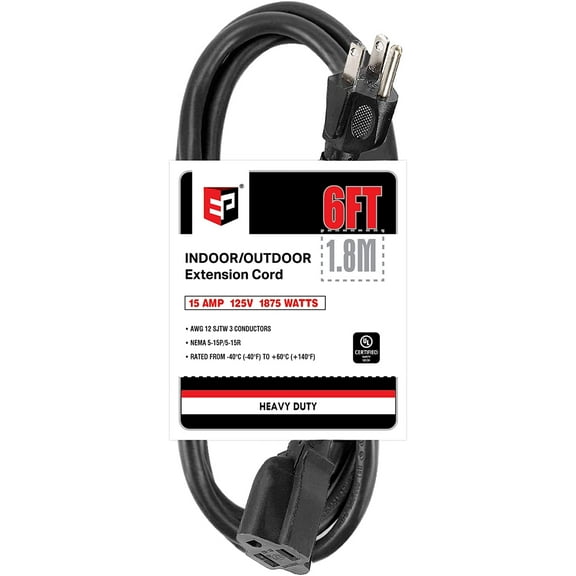 EP 6 Ft 12/3 SJTW Black Outdoor/Indoor Extension Cord, Durable Electrical Cable