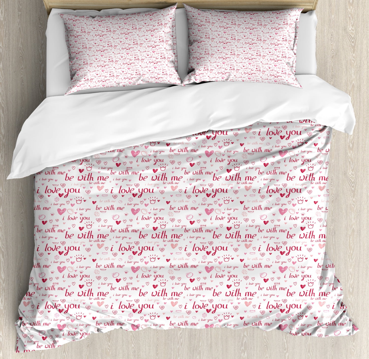 I Love You Duvet Cover Set King Size, Hand Drawn Style Hearts Gems and