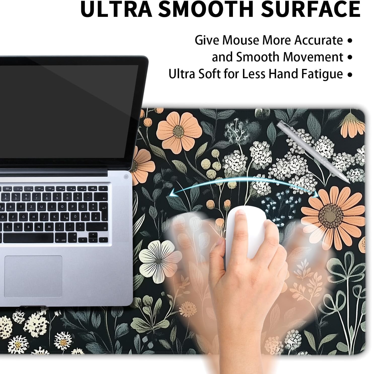 Aesthetic Dark Flower Gaming Mouse Pad XL Floral Plant Botanical Flowers Extended Big Large Desk Mat Non-Slip Rubber Base Stitched Edge Long Keyboard Mousepad for PC Computer Laptop,31.5×11.8 in