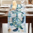 thumbnail image 3 of Blue Teal Coastal 70 Inch Table Runner, Summer Beach Starfish Sea Turtle Farmhouse Dresser Scarf Cotton & Linen Tablerunner for Dining/Kitchen Island/Holiday Party Décor 13" x 70", 3 of 9