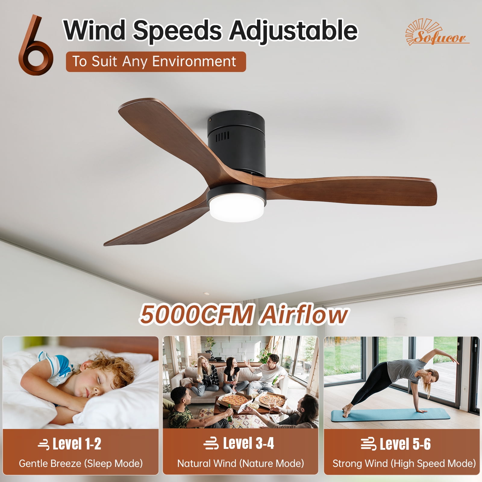 Sofucor 52'' Flush Mount Ceiling Fans with Light and Remote Control, 3 Wood Blades with Reverse Aio Reconditioned