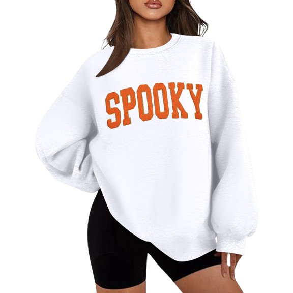 KHONTS Halloween Spooky Season Sweatshirts for Women Long Sleeve Crew Neck Basic Pullover Tops Loose Fit Cozy Winter Fall Tops White XL