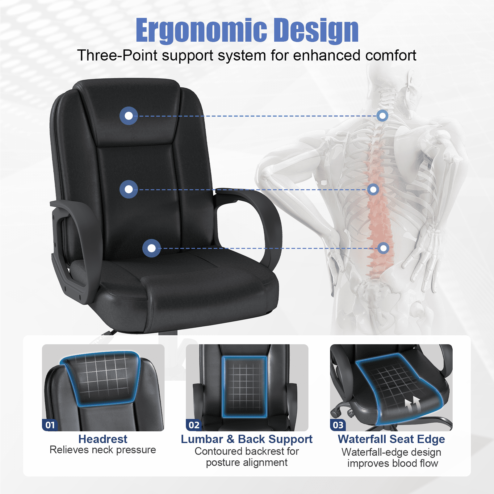 PU Leather Office Chair Mid-Back Executive Desk Chair with Lumbar Support, Black