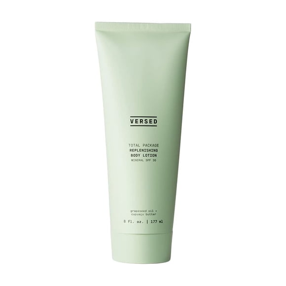 Versed Total Package Reposición de loción corporal mineral SPF 30 - Crema corporal no grasa SPF para reponer la humedad - Protección solar de óxido de zinc - Vegano (6 oz)